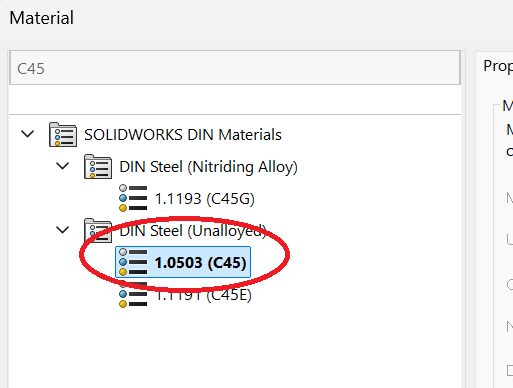 SolidWorks: the material library searched for C45, with 1.0503 (C45) under DIN Steel (Unalloyed) circled
