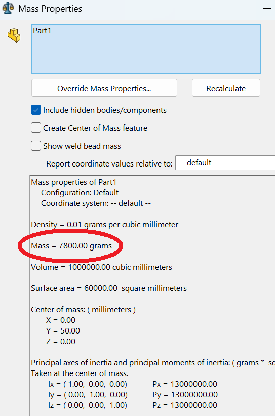 SolidWorks: the Mass Properties window, with Mass = 7800.00 grams circled